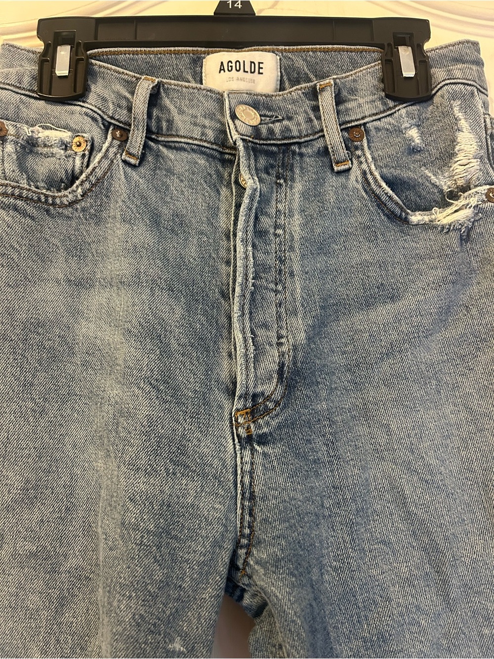 Agolde High-Rise Light Blue Distressed Hem Jeans - Picture 2 of 6
